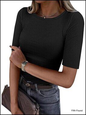 Ribbed Knit Slim Fit Half Sleeve Crewneck Tee for Women